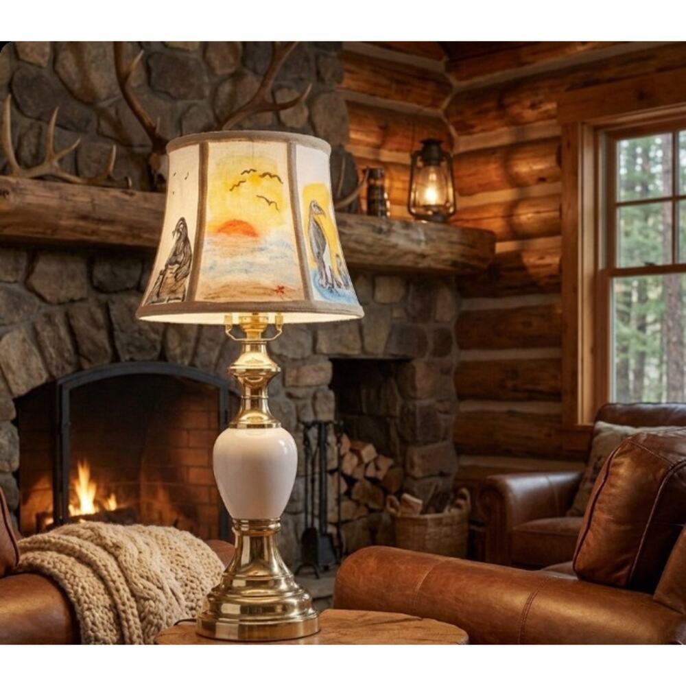 OOAK Hand-painted Lamp & Shade Nature Folk Art Farmhouse/Rustic Cabin Decor